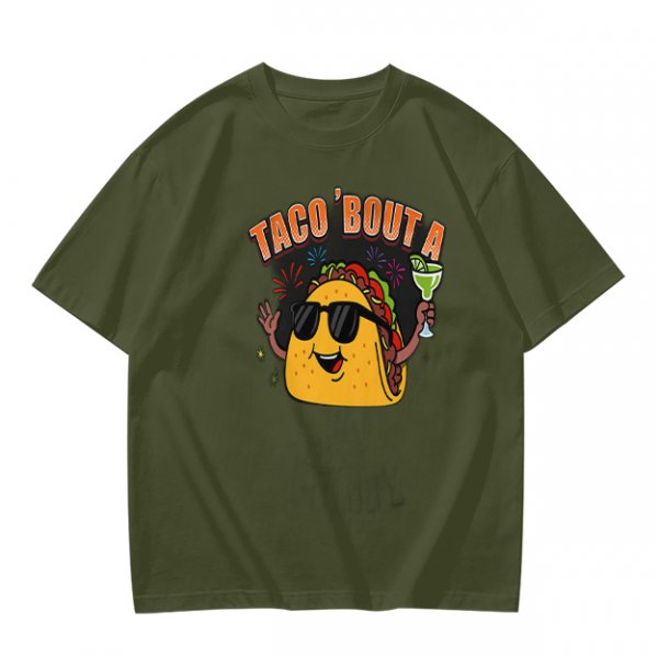 Olive taco graphic t-shirt with 'TACO 'BOUT A' text and margarita
