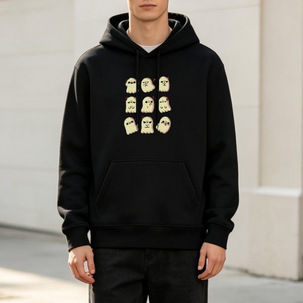 Black hoodie with cute expressive ghost grid print
