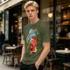 Olive green graphic t-shirt with caffeine team coffee cup and bean illustration