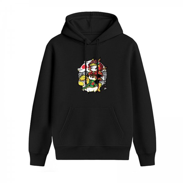 Black hoodie with cute warrior character riding a stylized animal graphic