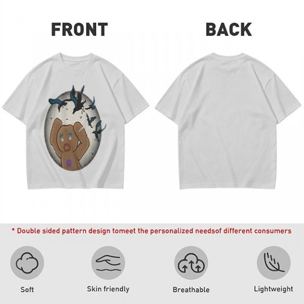 Olive T-shirt with a terrified gingerbread man and flying birds graphic