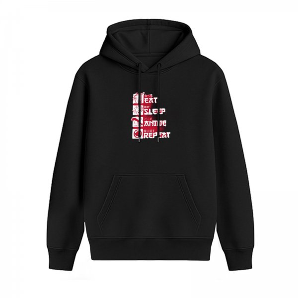 Black Anime Themed Hoodie With Eat Sleep Anime Repeat Print