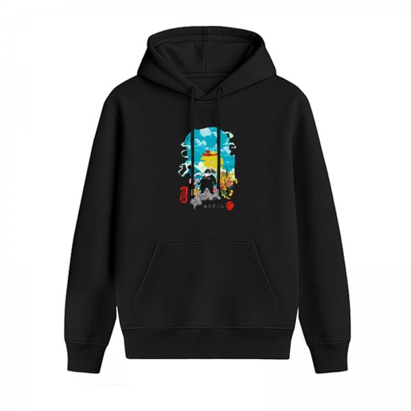 Black hoodie with vibrant anime-style nature scene graphic print