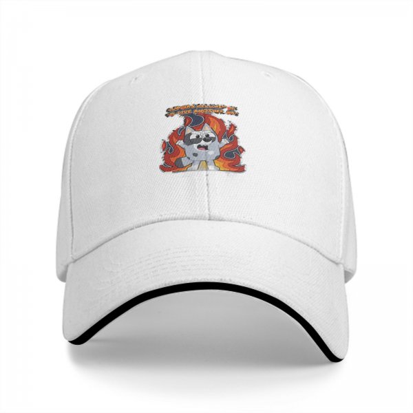 Black baseball cap with angry cartoon dog surrounded by flames graphic