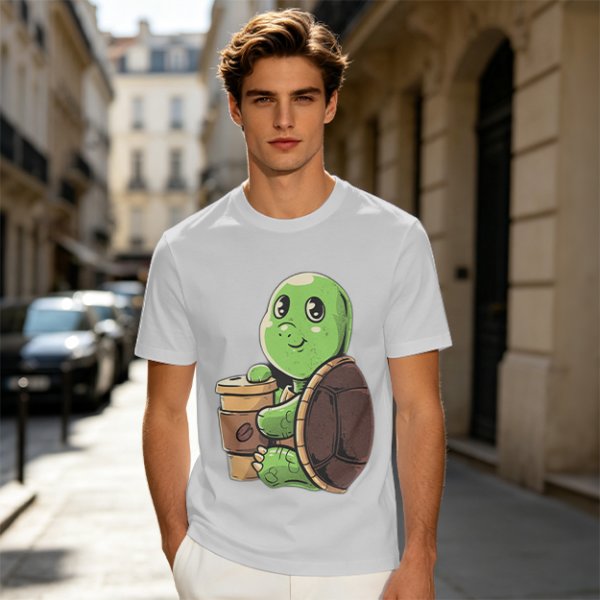 Olive Green T-Shirt With Cute Turtle Holding Coffee Cup Print