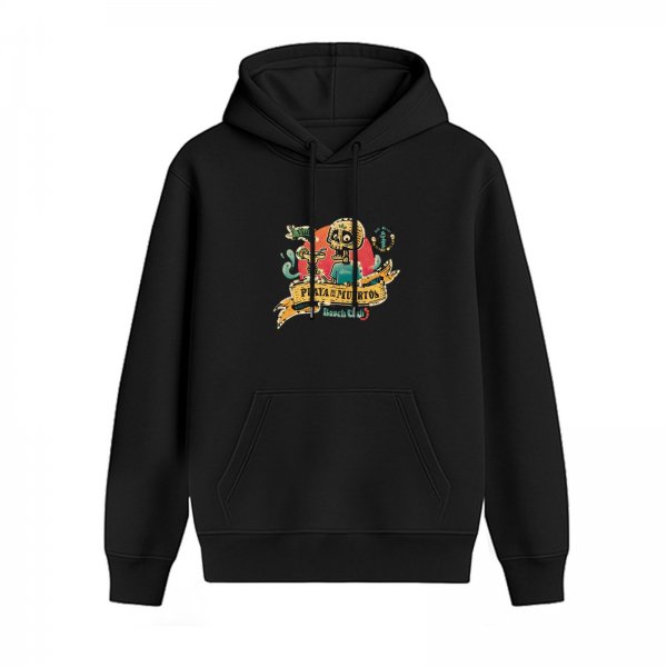 Black hoodie with Day of the Dead skeleton beach club graphic