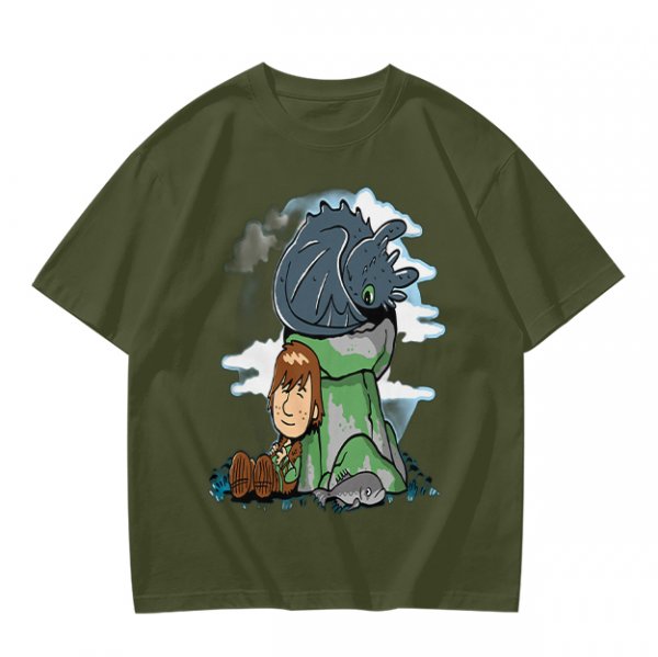 Olive T-Shirt Featuring Hiccup and Toothless from How to Train Your Dragon