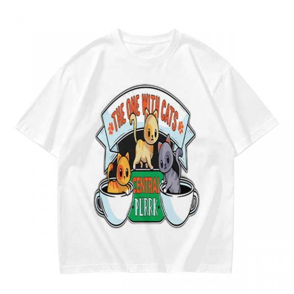 Olive green t-shirt with cat coffee cup graphic and playful text design