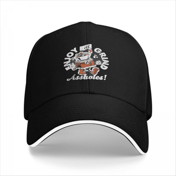 Black baseball cap with 'Enjoy The Grind Assholes!' cartoon print