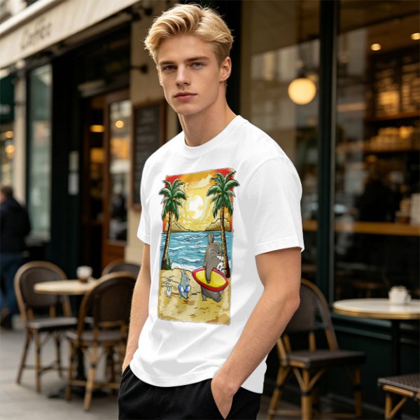 Olive T-Shirt with Beach Scene Print Featuring Totoro and Friends
