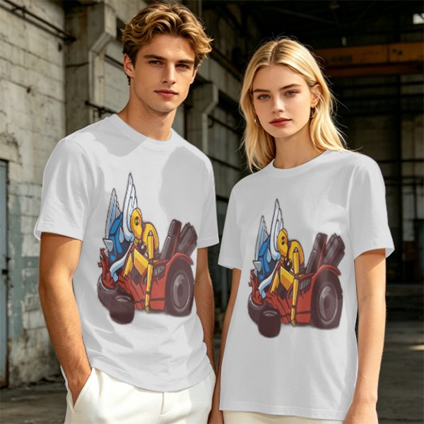 Olive T-Shirt With Cartoon Robot And Winged Vehicle Graphic