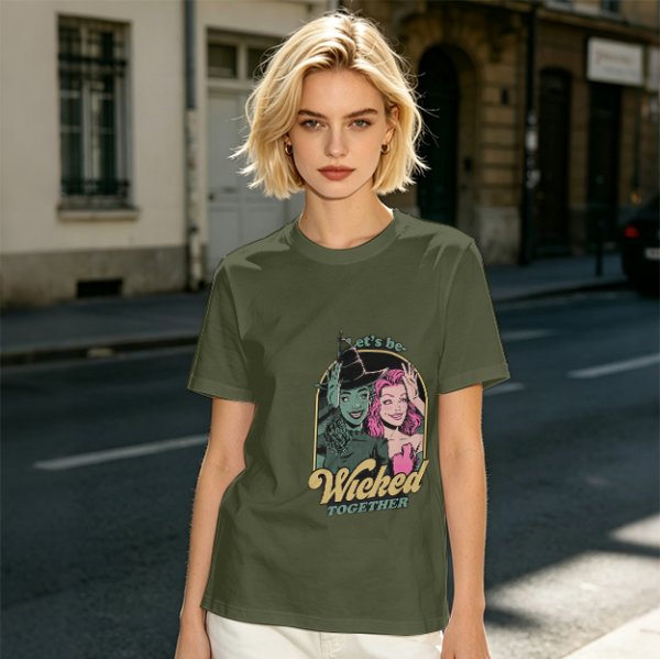 Olive green graphic t-shirt with 'Let's be Wicked Together' witch design