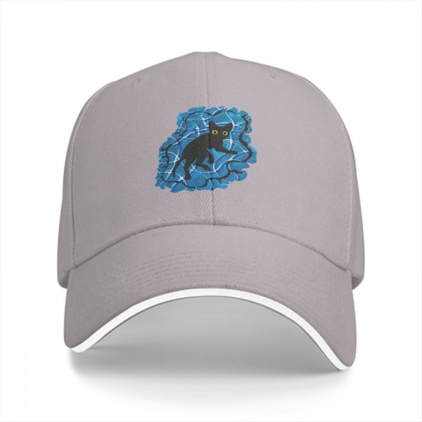 Black Baseball Cap With Playful Black Cat On Blue Abstract Background
