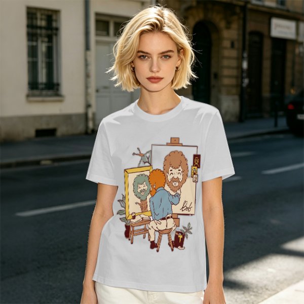 Olive Green T-Shirt With Cartoon Artist Painting Self Portrait Artwork