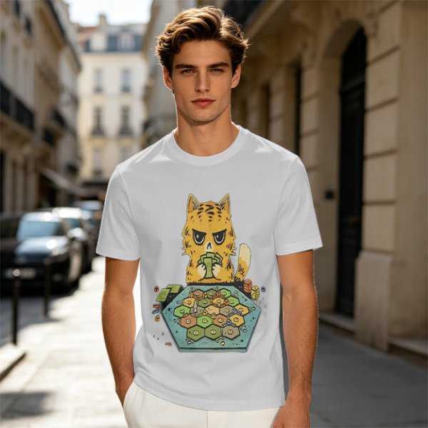 Grumpy Orange Cat Playing Settlers of Catan Board Game T-Shirt