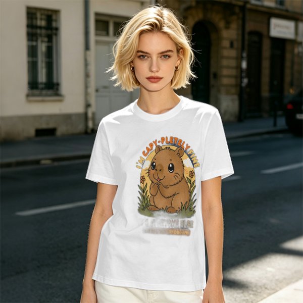 Olive t-shirt with cute capybara 'I'm capy-pletely fine' graphic