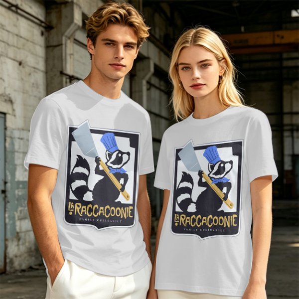 Olive green t-shirt with raccoon chef graphic and text