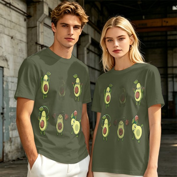 Olive Green T-Shirt with Cartoon Avocado Fitness Characters Print