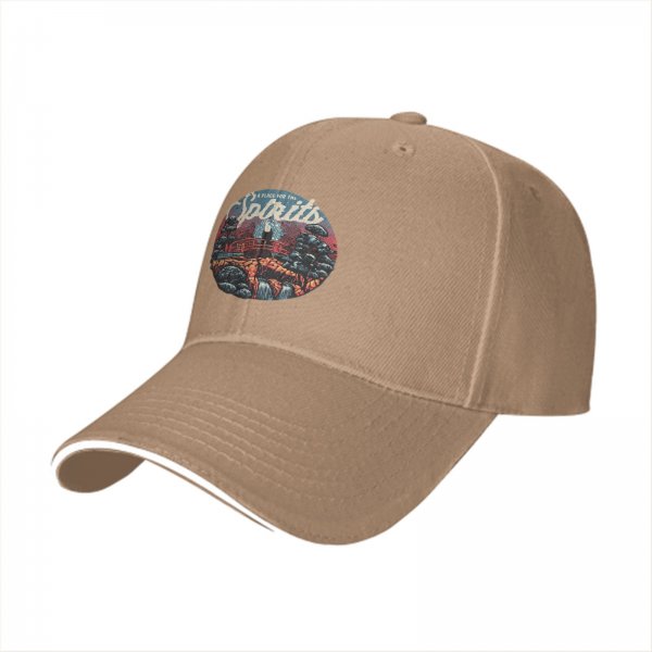 Black baseball cap with 'A Place for the Spirits' nature landscape graphic