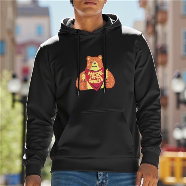Black hoodie with a bear graphic that says Here for the Snacks