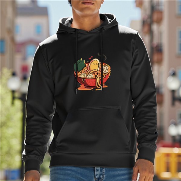 Black Hoodie With Cute Ramen Bowl Graphic Design