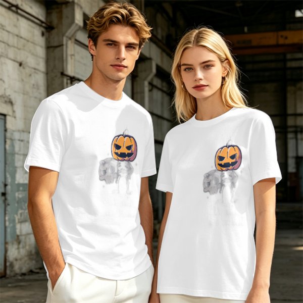 Olive Green T-Shirt with Halloween Jack-o'-Lantern and Skull Print