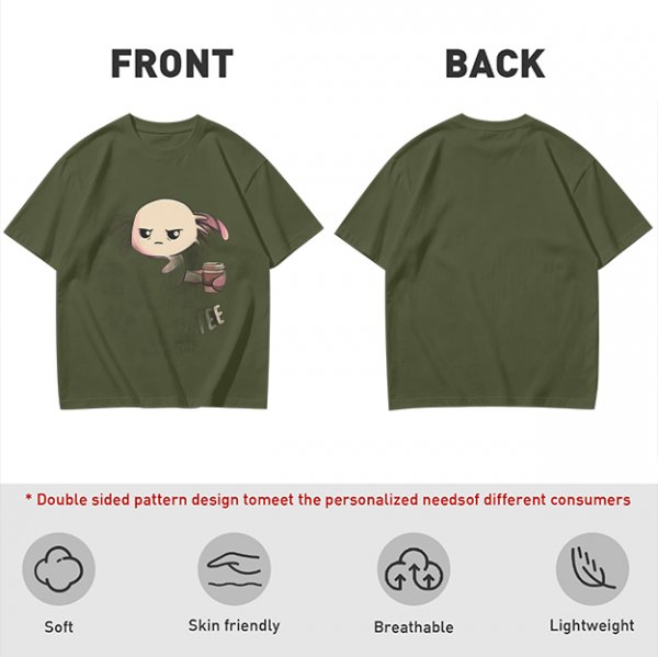 Olive T-shirt with Grumpy Axolotl Holding Coffee Print