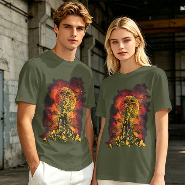 Olive T-Shirt With Fiery Skull Warrior Graphic Print