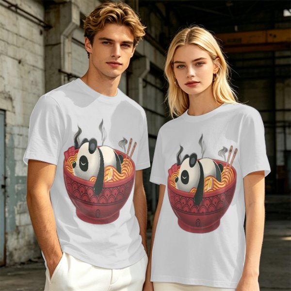 Olive green t-shirt with a panda relaxing in a steaming ramen bowl print