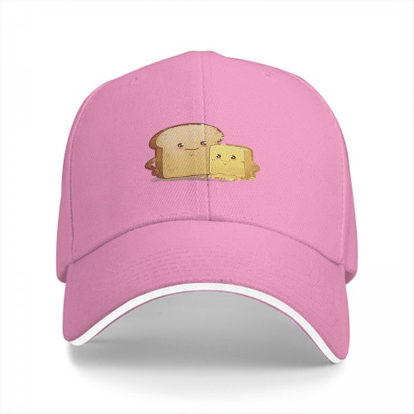 Black Baseball Cap With Cute Bread And Butter Cartoon Print