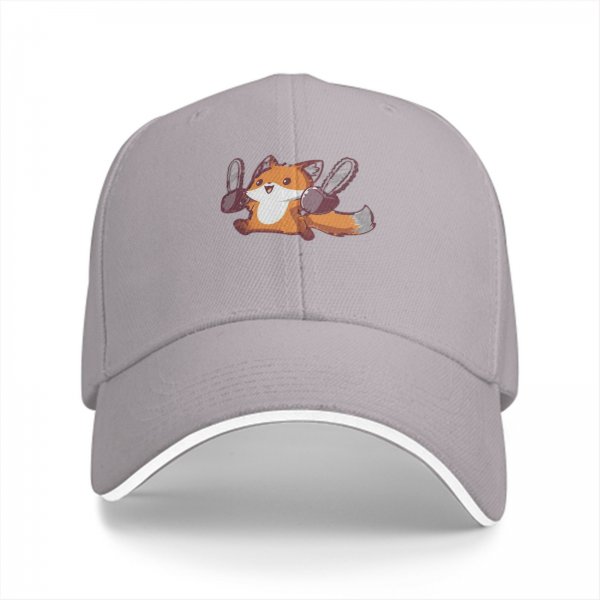 Black baseball cap with a cheerful fox holding chainsaws graphic
