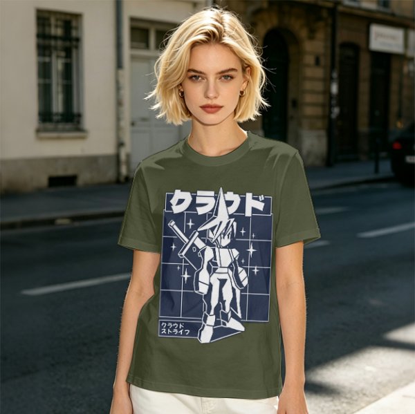 Olive t-shirt with stylized anime warrior graphic and Japanese text