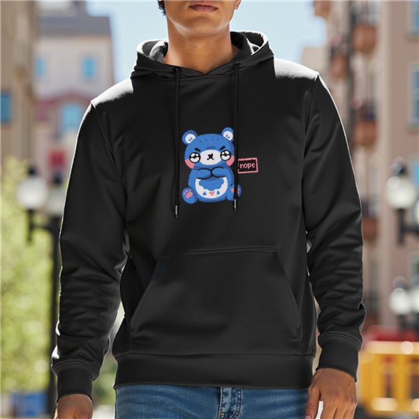 Black hoodie with grumpy blue bear graphic that says nope