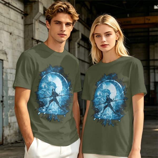 Olive T-Shirt With Blue Warrior Silhouette Graphic Print