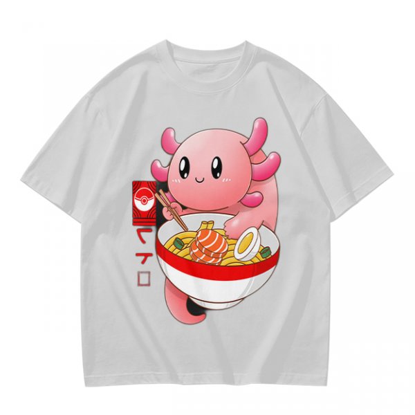 Olive T-Shirt Featuring a Cute Pink Axolotl Eating Ramen