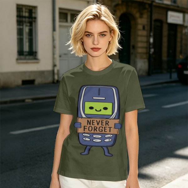 Olive T-Shirt Featuring a Retro Mobile Phone Holding a Never Forget Sign
