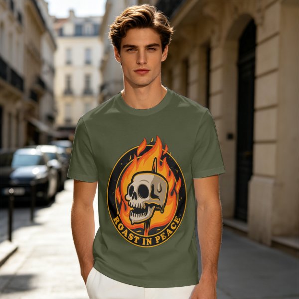 Olive T-Shirt With Roast In Peace Flaming Skull Graphic