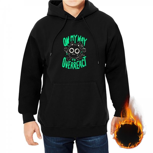 Black hoodie with 'On My Way To Overreact' cat graphic