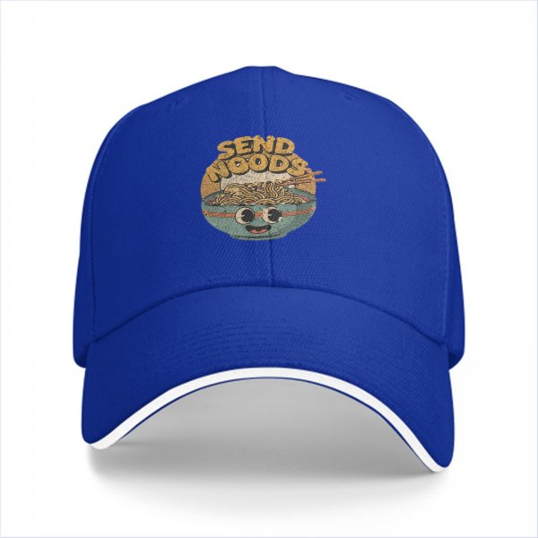 Black baseball cap with retro 'Send Noods' ramen bowl graphic