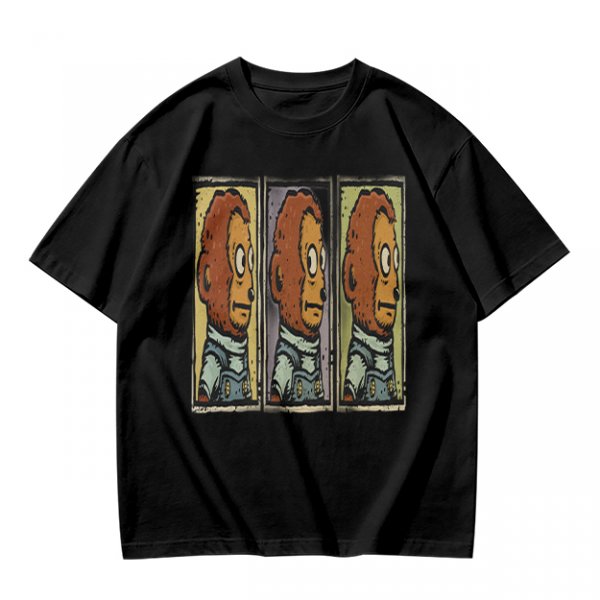 Olive Green T-Shirt With Three Panel Cartoon Monkey Head Print