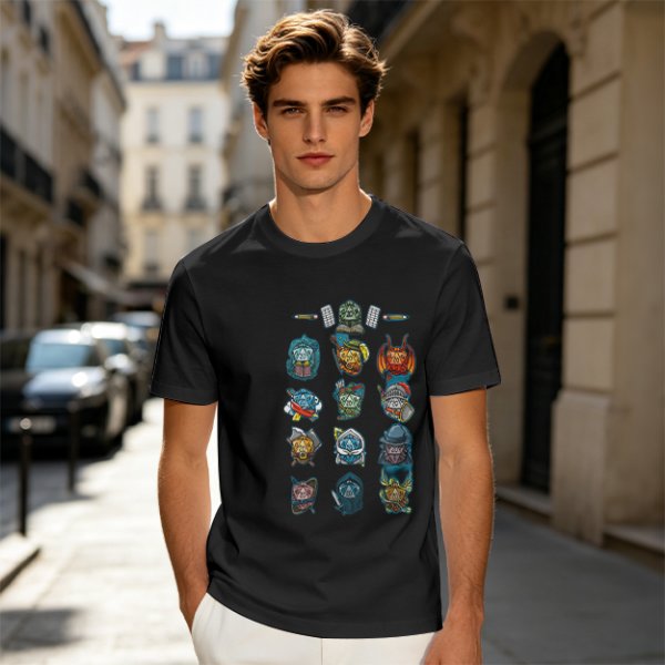 Olive Green T-Shirt With Fantasy Character Icons Print