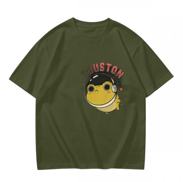 Olive green t-shirt with space frog graphic and Houston text