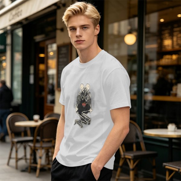 Olive T-Shirt With Skeleton Couple Embracing Red Heart Print