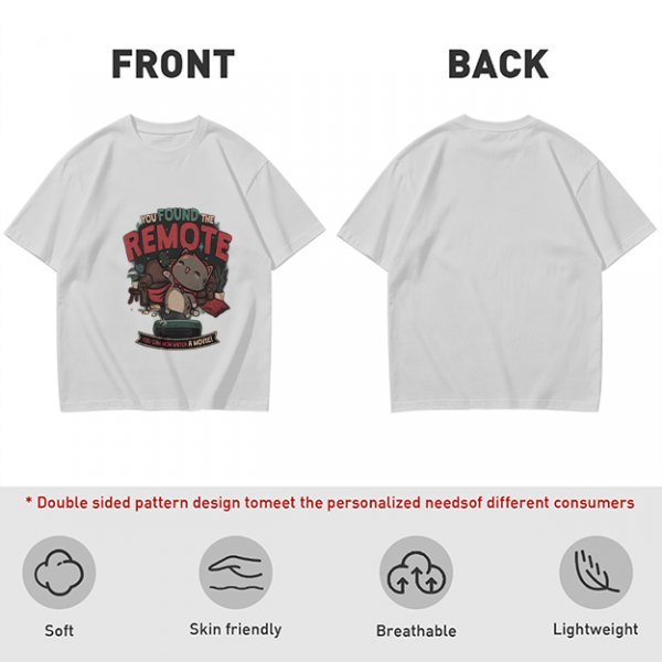 Olive t-shirt with cat graphic and 'You Found The Remote' movie text
