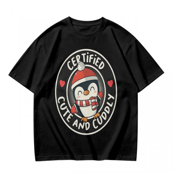 Olive T-Shirt with Cute Penguin 'Certified Cute and Cuddly' Print