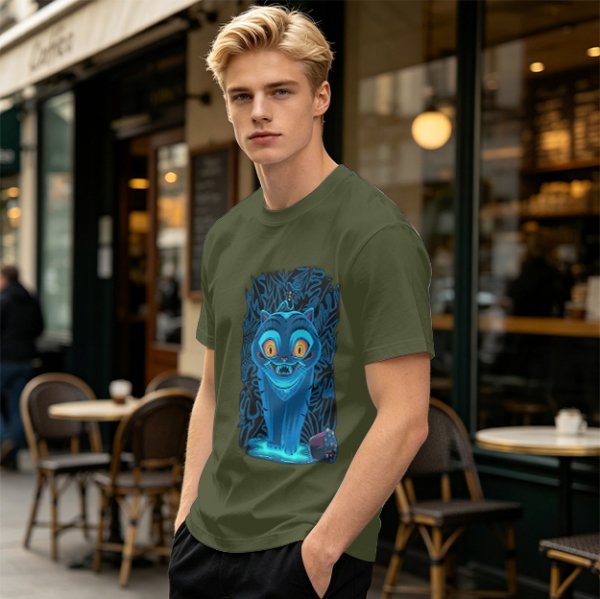 Olive T-shirt with Glowing Blue Cheshire Cat Graphic