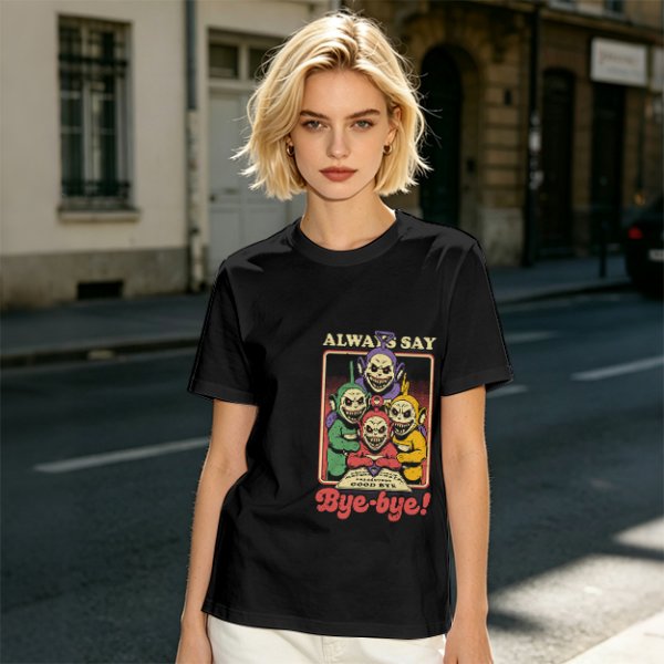 Olive t-shirt with creepy Teletubbies 'Always Say Bye-bye' print