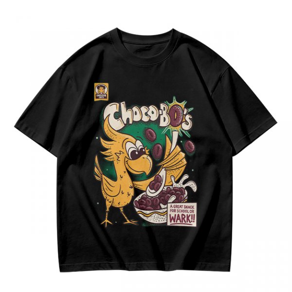 Olive t-shirt with Choco-Bo's cereal graphic featuring a yellow bird