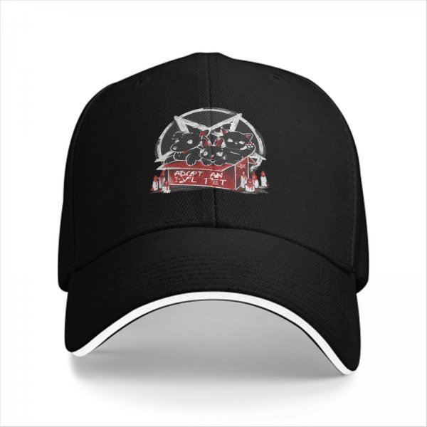 Black baseball cap with adopt an evil pet satanic cat and dog graphic