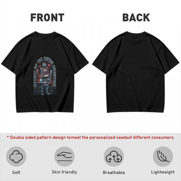 Olive green t-shirt with retro robot monster city attack graphic
